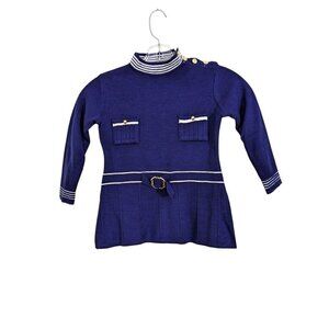Vintage Knit Sailor Dress Girls Size 5 Navy Blue White Nautical Pocket Mock Neck